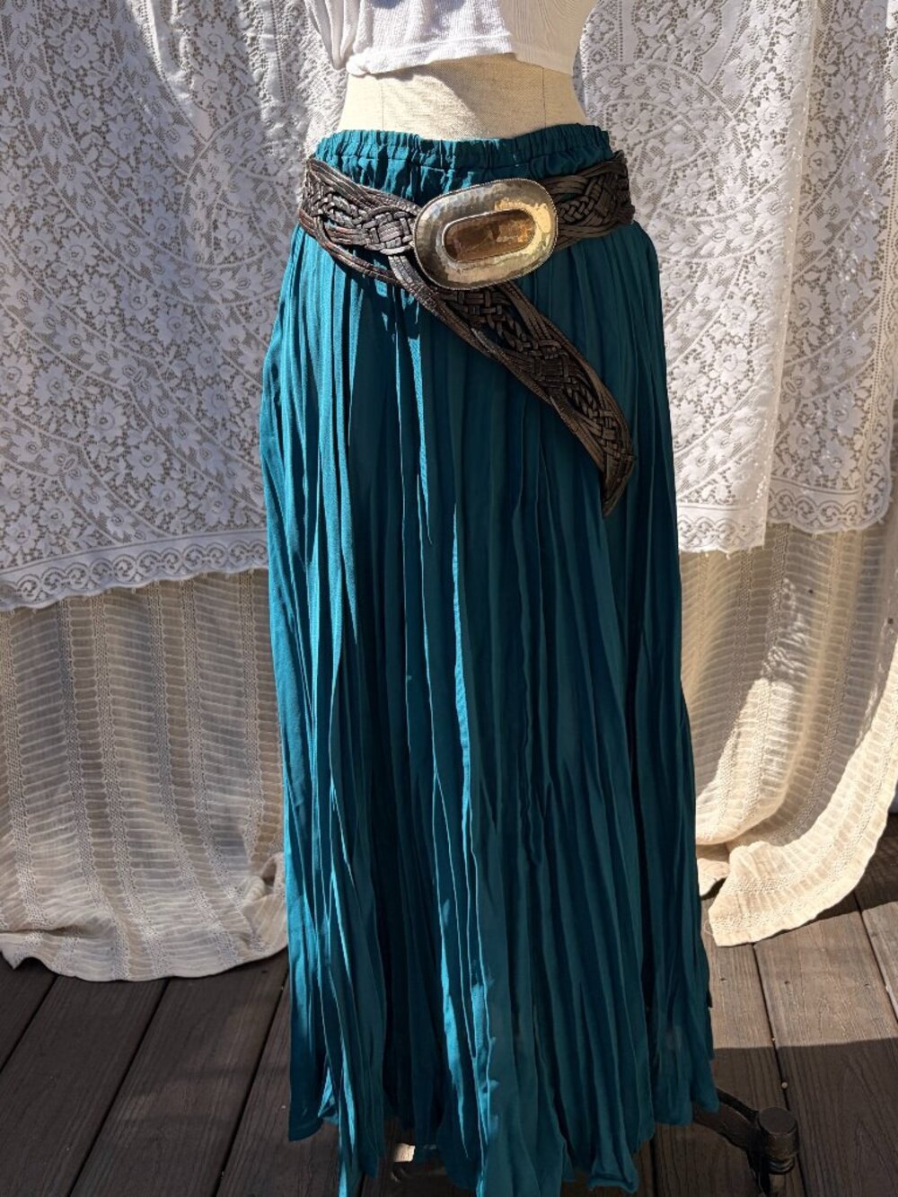Vintage 80s Grantie Pleated Maxi Skirt Deadstock NWT Dark Teal Polyester XL